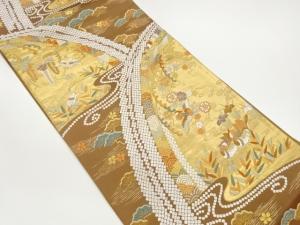 金糸流水に鶴・鴛鴦・桜唐草模様織出し袋帯